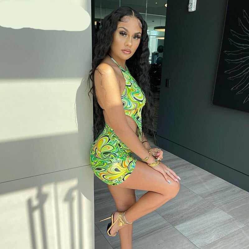 woloong Print Sleeveless Bodycon Halter Hollow Out Sexy Top Mini Dress Set Summer Women Fashion Streetwear Outfits Y2K