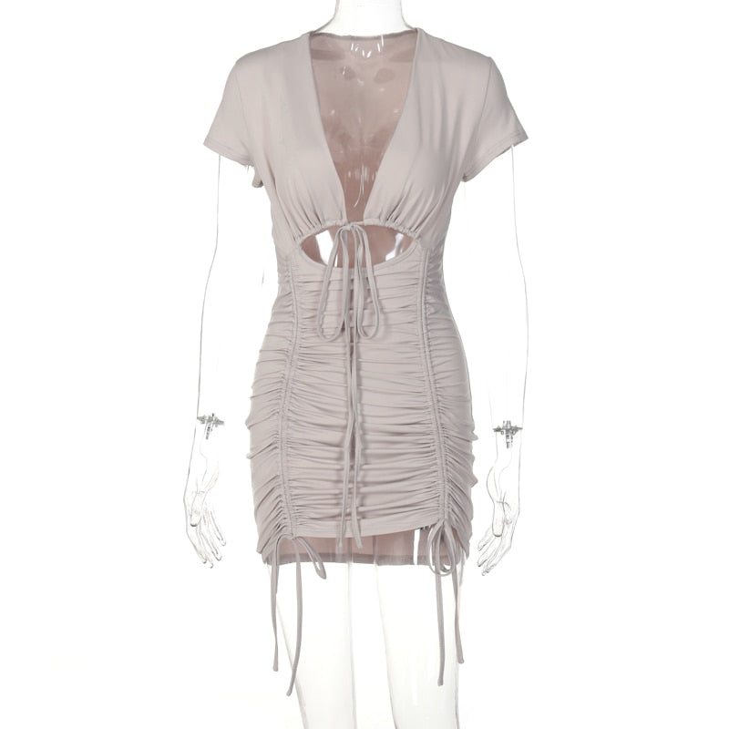 woloong Drawstring Bandage Sleeveless Backless Ruched Pleated Mini Dress Evening Party Sexy Slim Elegant Y2K Clothing