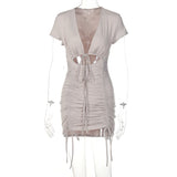 woloong Drawstring Bandage Sleeveless Backless Ruched Pleated Mini Dress Evening Party Sexy Slim Elegant Y2K Clothing