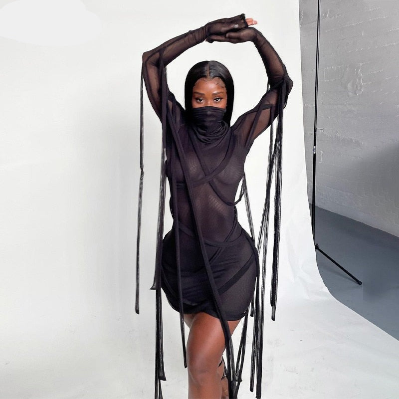 woloong Long Sleeve Mesh See-Through Bandage Sexy Mini Dress Summer Women Streetwear Outfits Y2K Chic Party Club Clothing