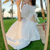 One Piece Dress Korean Puff Sleeve Sexy Midi Dresses Beach Sundresses for Women Summer  Backless Design Square Collar Chic