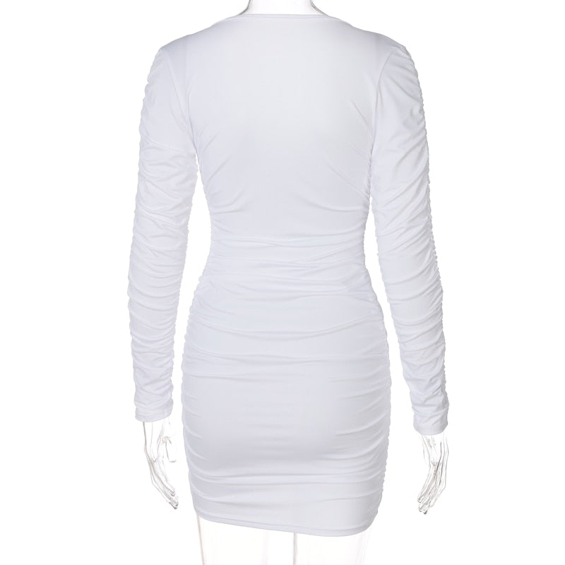 Woloong   Solid Ruched Long Sleeve Deep V Neck Pleated Mini Sexy Dress Summer Autumn Women Fashion Outfits Party Club Y2K
