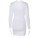 Woloong   Solid Ruched Long Sleeve Deep V Neck Pleated Mini Sexy Dress Summer Autumn Women Fashion Outfits Party Club Y2K