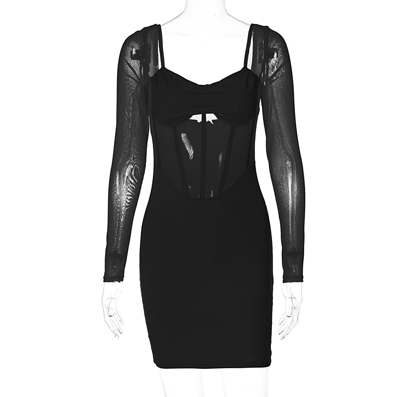 woloong  Solid With Integrated Corset Long See Through Sleeves Sexy Mini Dress  Fall Party Club Elegant Streetwear Outfit
