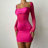 woloong  Solid With Integrated Corset Long See Through Sleeves Sexy Mini Dress  Fall Party Club Elegant Streetwear Outfit