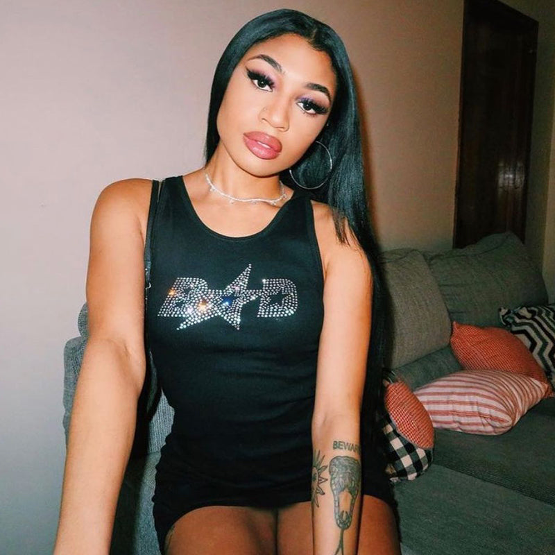 woloong Sleeveless Sequined Letter Print Sexy Mini Dress Summer Women Fashion Streetwear Outfits Y2K Party Clothing
