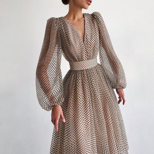 Woloong Women Elegant Dress Summer Polka Dots Temperament Long Dresses Autumn V-neck Puff Sleeve Lantern Sleeve Ladies Dress