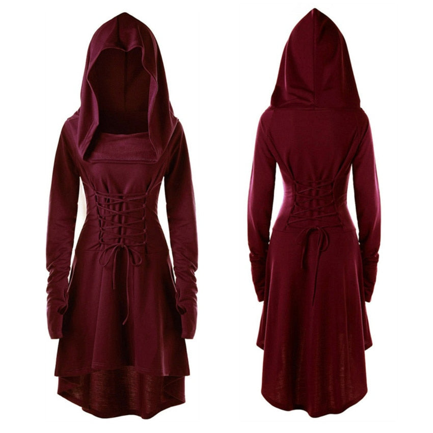 Womens Renaissance Archer cosplay Costumes Hooded Robe Lace Up Vintage Pullover Long Hoodie Dress Cloak Halloween LARP Party