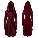 Womens Renaissance Archer cosplay Costumes Hooded Robe Lace Up Vintage Pullover Long Hoodie Dress Cloak Halloween LARP Party