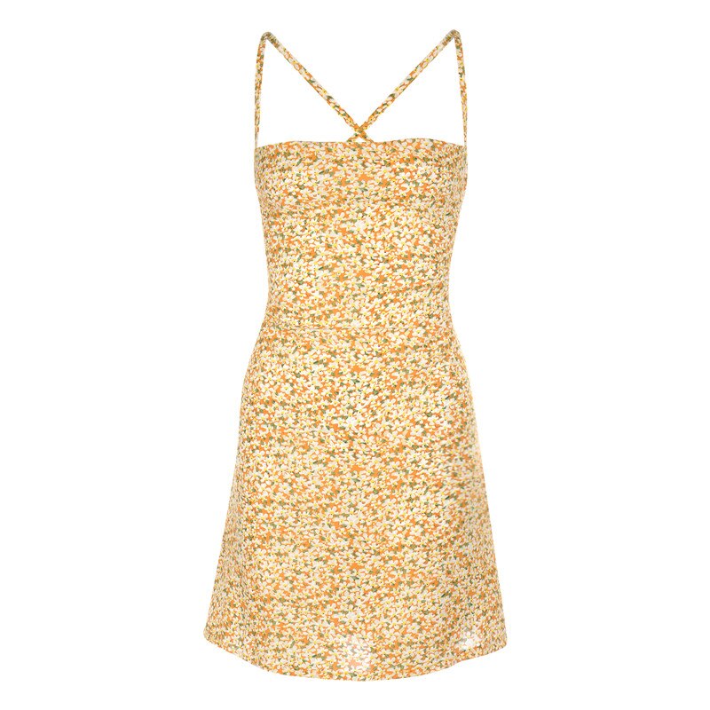woloong  Beach Sundress Women Sling Straps Backless Cross Short Mini Dress Ruched Summer Sexy Little Flowers Printed Casual Vestidos