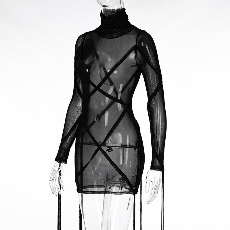 woloong Long Sleeve Mesh See-Through Bandage Sexy Mini Dress Summer Women Streetwear Outfits Y2K Chic Party Club Clothing
