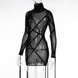 woloong Long Sleeve Mesh See-Through Bandage Sexy Mini Dress Summer Women Streetwear Outfits Y2K Chic Party Club Clothing