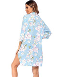 Woloong Women Shirt Deep V Neckline Floral Print Beach Sunscreen Blouse 3/4 Sleeve Chiffon Lady Shirt Ladies Blouses 3XL