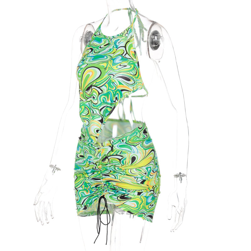 woloong Print Sleeveless Bodycon Halter Hollow Out Sexy Top Mini Dress Set Summer Women Fashion Streetwear Outfits Y2K
