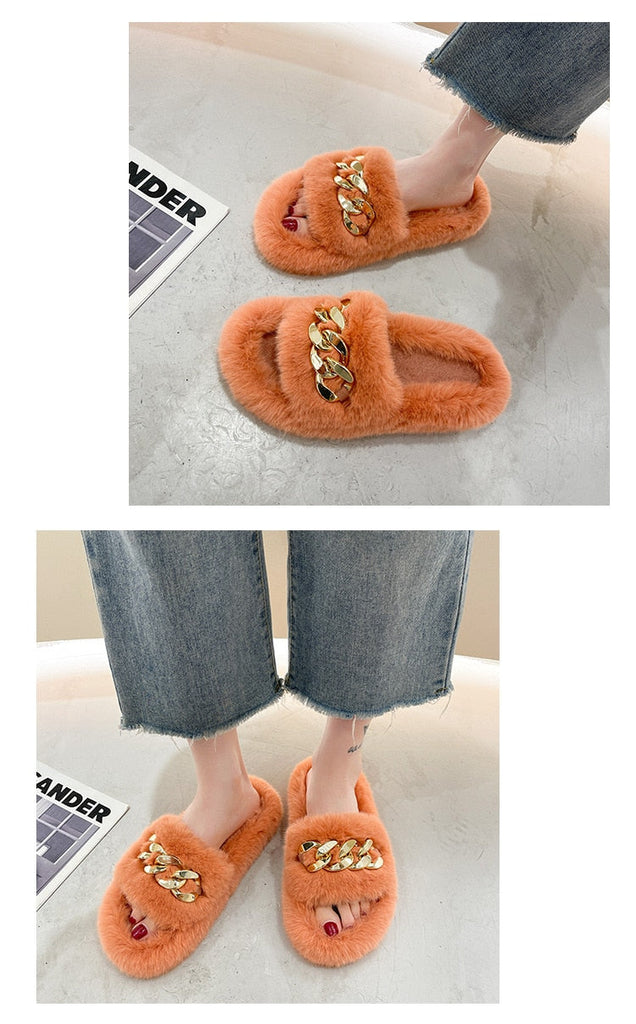 woloong  Women Fashion Metal Chain Warm Fluffy Slippers Cozy Faux Fur  Indoor Floor Outdoor Slides Flat Soft Furry Ladies Celebrities Fli