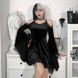 Goth Sexy Flare Sleeve Black Dress Y2K Harajuku High Waist A Line Mini Dresses Off Shoulder Punk Halloween Autumn Dress
