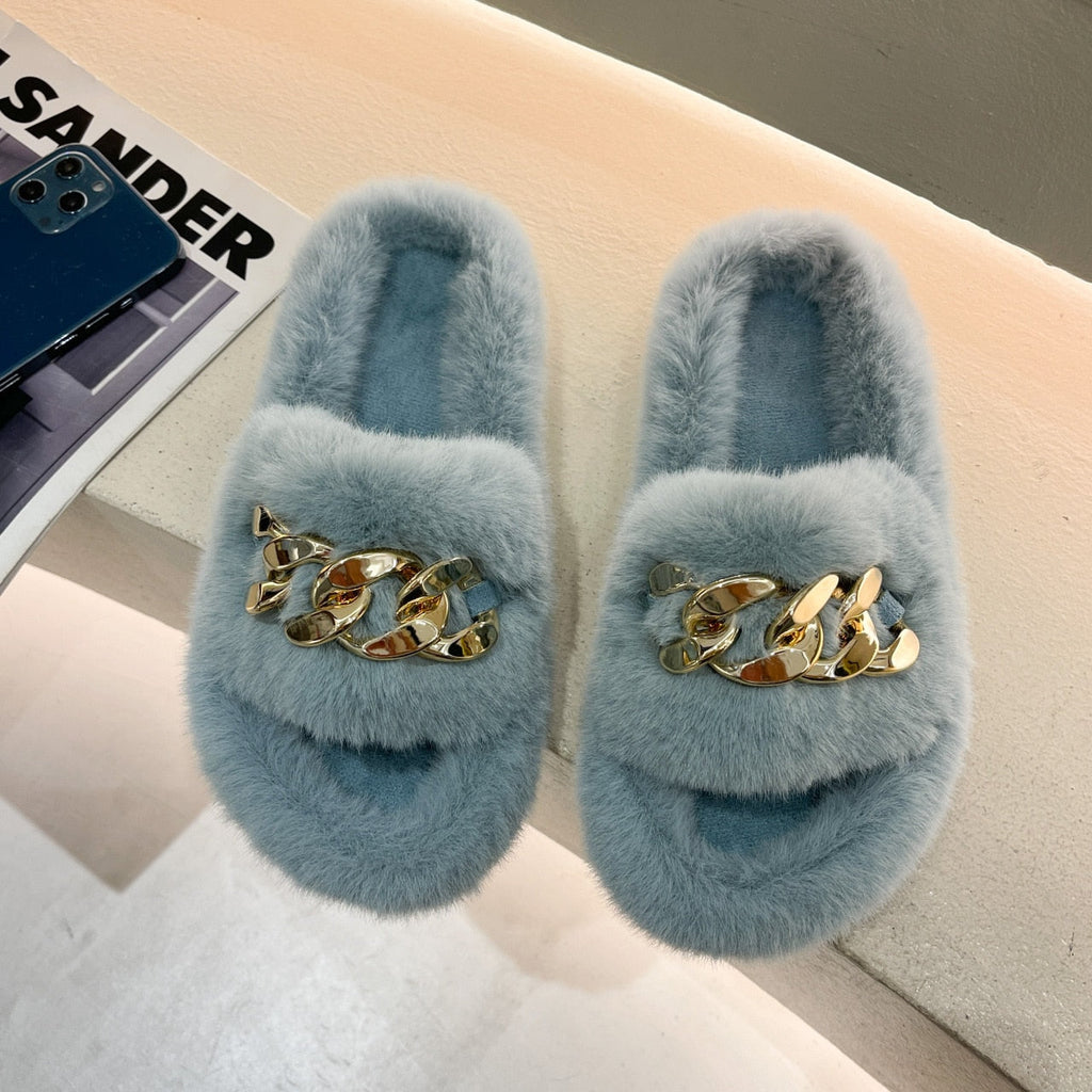 woloong  Women Fashion Metal Chain Warm Fluffy Slippers Cozy Faux Fur  Indoor Floor Outdoor Slides Flat Soft Furry Ladies Celebrities Fli