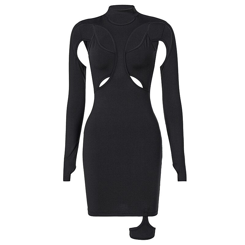 woloong Long Sleeve Hollow Out Sexy Mini Dress Summer Women Fashion Streetwear Outfits Y2K Chic Club Wear
