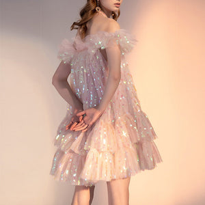 Woloong Girls Sweet Pink Bling Bling Sequined Ruffles Ball Gown Dress Off Shoulder Halter Summer Beach Party Mesh Dress