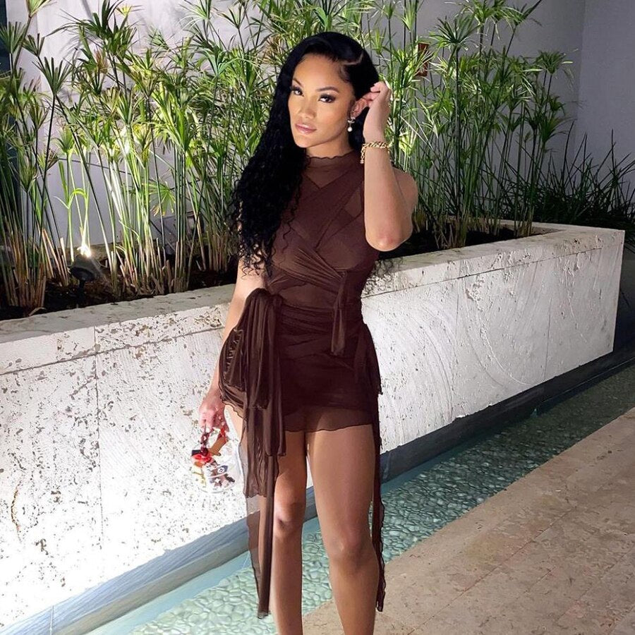 Mesh See Through Bodycon Party Dresses Women Sexy Clubwear Mini Dress Solid Sleeveless Basic Female Outfits