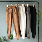 Casual Autumn Winter Women Pants Korean Elastic High Waist Pockets Suede Harem Pants Trousers Women Pantalon Femme