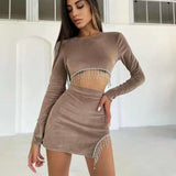 Woloong Sexy Velvet Open Back Mini Skirt Set Women Solid Long Sleeve Top Rhinestone Tassel Split Skirt Elegant Party Club Wear