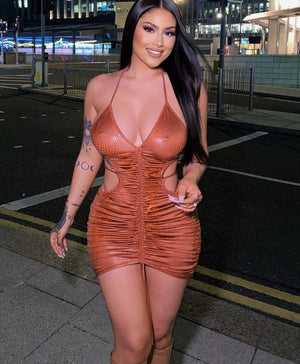 Solid Satin Sleeveless Backless Halter Slim Hollow Out Pleated Bodycon Sexy Mini Dress Fall Women Elegant Party