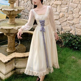 Fairy Pure Color Dress Women Autumn French Vintage Elegant Chiffon Dress Party Dress Lace Up One Piece Dress Korean Fashion