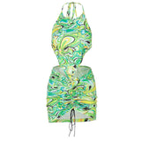 woloong Print Sleeveless Bodycon Halter Hollow Out Sexy Top Mini Dress Set Summer Women Fashion Streetwear Outfits Y2K