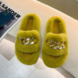 woloong  Women Fashion Metal Chain Warm Fluffy Slippers Cozy Faux Fur  Indoor Floor Outdoor Slides Flat Soft Furry Ladies Celebrities Fli