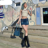 woloong High Waist Short Jeans Denim Solid Skirt Bandage Summer Women Fashion Streetwear Y2K Trousers