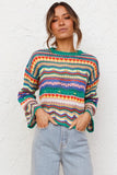 Autumn Winter Color Block Striped Sweaters Women Loose Pullover Tops Casual Long Flared Sleeves Round Collar Knit Tops