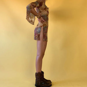 Woloong Flared Sleeve V Neck Tie Up Vintage Print Y2K A Line Dress Split Elegant Sexy Fairycore Grunge Womens Autumn Dresses