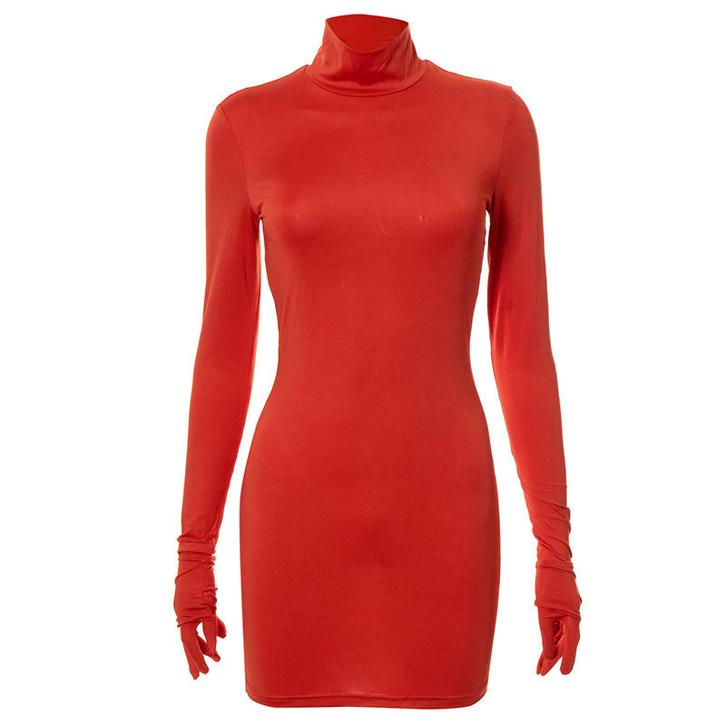 woloong Women Fall Fashion Bodycon Folds Pure Color Long Sleeves With Gloves Mini Dress Female Clothing Streetwear Y2K