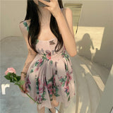 Spaghetti Strap Dress Summer Blooming Floral Print Ruffles Mini Slip Dress Women Chic  Lady Sleeveless Beach Dress Sundress