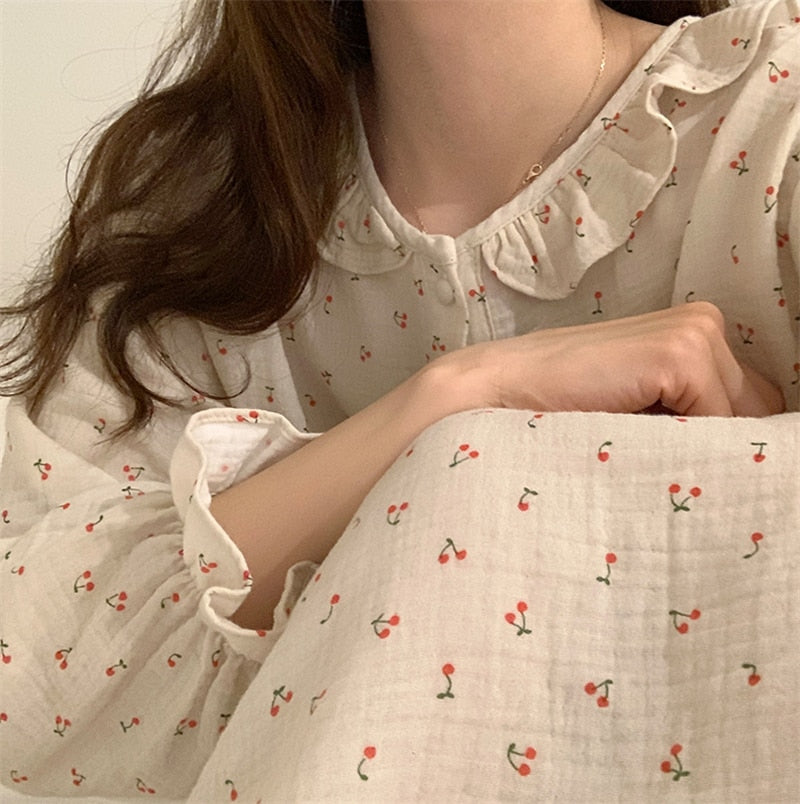Ruffles Sleep Dress Women Long Sleeve Kawaii Cherry Print Korean Sleepwear Homewear Long Dress Autumn Elegant Casual Loose