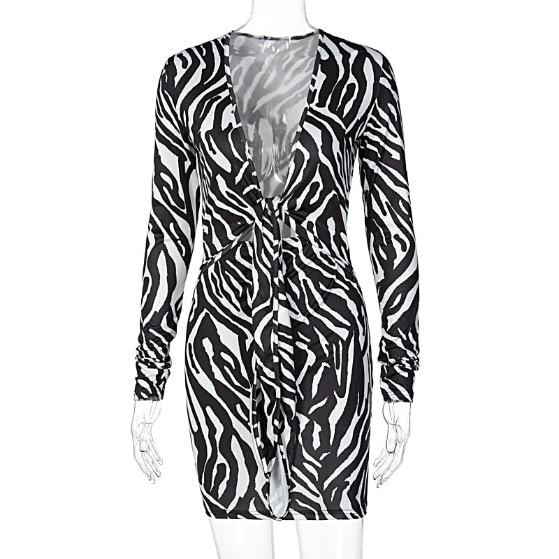 woloong Zebra Print Long Sleeve V-Neck Bandage Sexy Mini Dress Autumn Winter Women Fashion Streetwear Outfits Party Wear
