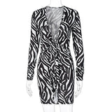 woloong Zebra Print Long Sleeve V-Neck Bandage Sexy Mini Dress Autumn Winter Women Fashion Streetwear Outfits Party Wear