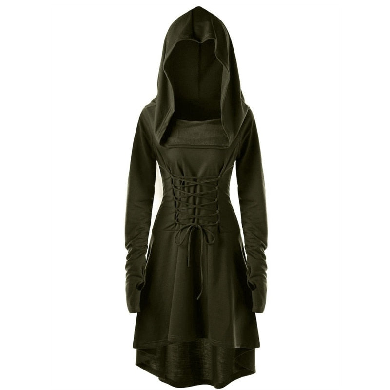 Womens Renaissance Archer cosplay Costumes Hooded Robe Lace Up Vintage Pullover Long Hoodie Dress Cloak Halloween LARP Party