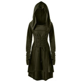Womens Renaissance Archer cosplay Costumes Hooded Robe Lace Up Vintage Pullover Long Hoodie Dress Cloak Halloween LARP Party