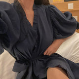 Ruffles Summer Nightgown Blue White Elegant Long Sleepwear Sweet Korean Cotton Home Clothes Homewear Lace Up Puff Sleeve