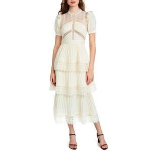 Woloong Summer Self Portrait Beige Pleated Dress Women Short Sleeve Lace Patchwork Cascading Ruffles Long Dress Female Layer Cake Dress