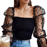 Sexy Women Wrinkled Backless Blouse Shirt Mesh Sheer Puff Sleeve Wrap Chest Tops Spring Summer Ladies Dots Blouse