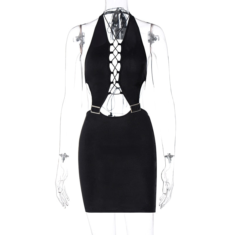 woloong Bandage Halter Backless Sexy Mini Dress Summer Women Fashion Streetwear Bodycon Y2K Chic Outfits