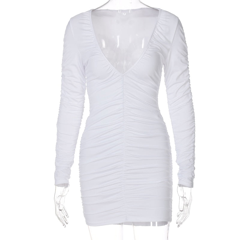 Woloong   Solid Ruched Long Sleeve Deep V Neck Pleated Mini Sexy Dress Summer Autumn Women Fashion Outfits Party Club Y2K