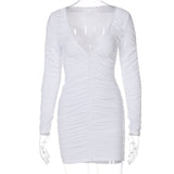 Woloong   Solid Ruched Long Sleeve Deep V Neck Pleated Mini Sexy Dress Summer Autumn Women Fashion Outfits Party Club Y2K