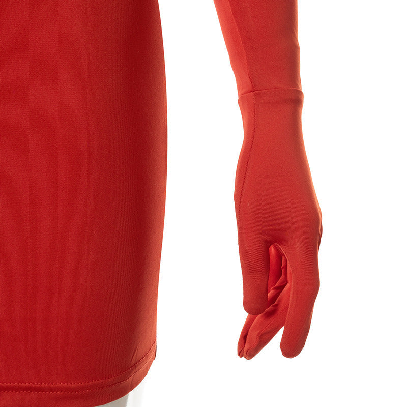 woloong Women Fall Fashion Bodycon Folds Pure Color Long Sleeves With Gloves Mini Dress Female Clothing Streetwear Y2K