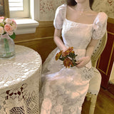 Puffer Sleeve Elegant Midi White Dresses Women One Piece Dress Korean Fahion Evening Vintage Party Dress Females  Summer