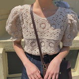 New Vintage Summer Pullover Tops Women Puff sleeve Hollow out shirt Female Retro Perspective Lace blouse