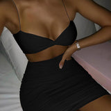 woloong Pure Color Slip Sleeveless Hollow Out Pleated Mini Dress Summer Fall Bodycon Sexy Party Club Elegant Y2K